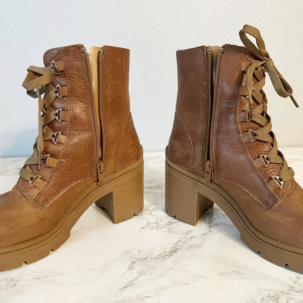 Flexi Tan Leather Lace Up Chunky Heel Lug Sole Mid Calf Boots Women's Size 7.5 - Picture 9 of 12